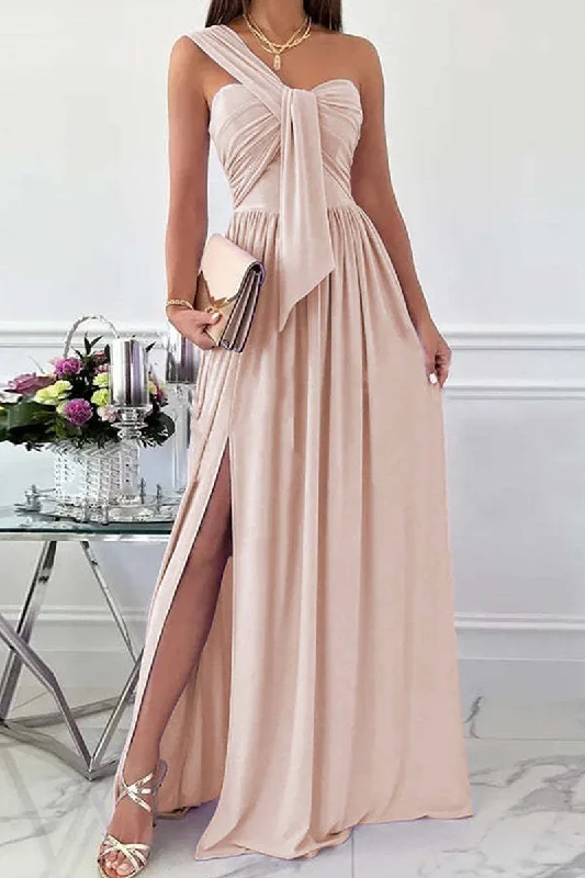 Fashion Sexy Solid Backless Slit One Shoulder Evening Dress Dresses(7 Colors) Tunics Denim casual