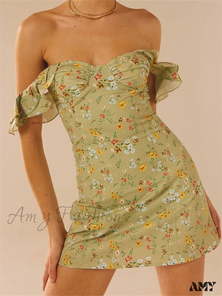 Amy Fashion - Off Shoulder Casual Sleeveless Floral Print Ruffle Trim Mini Dress Comfortable Polka Dot Mini Dress