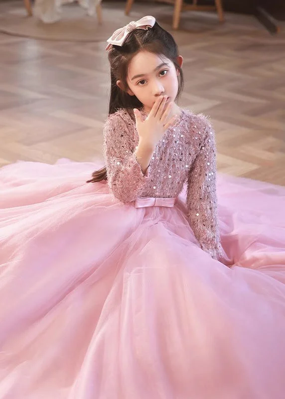 Fine Pink O-Neck Patchwork Tulle Girls Maxi Dress Winter RP044 Floral Print girly