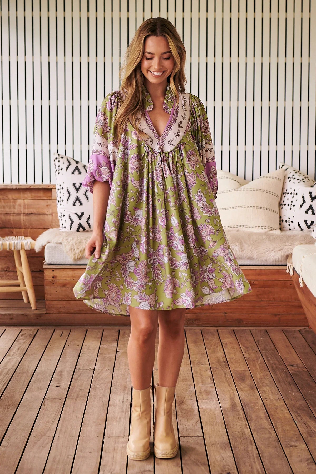 Kaffir Print Boheme Mini Dress Fashionable Polka Dot Mini Dress