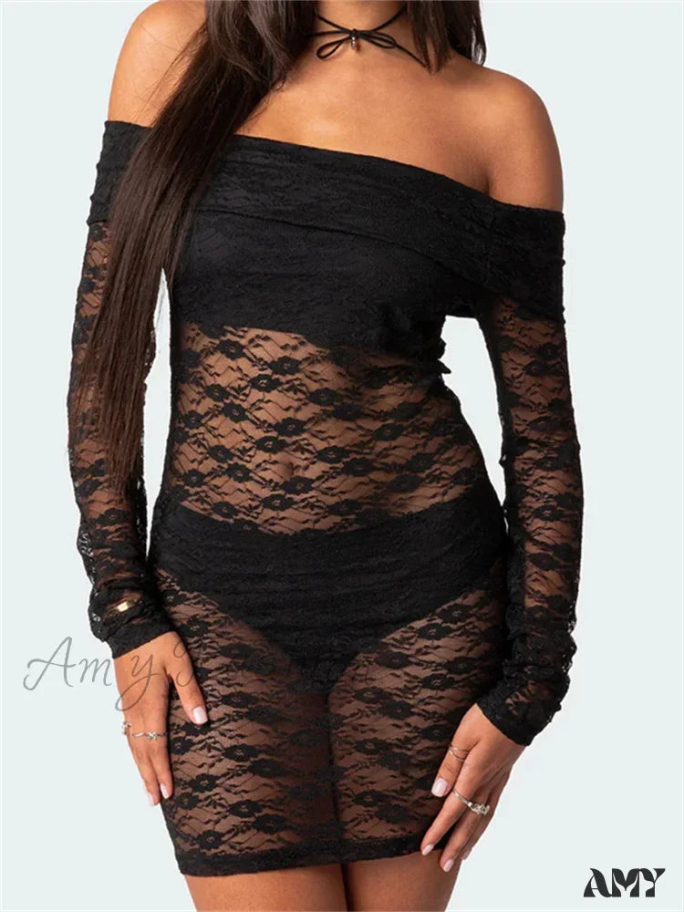 Amy Fashion - Sexy Off Shoulder Lace Fashion Long Sleeve Mini Dress Fashionable Mini Dress with Pockets