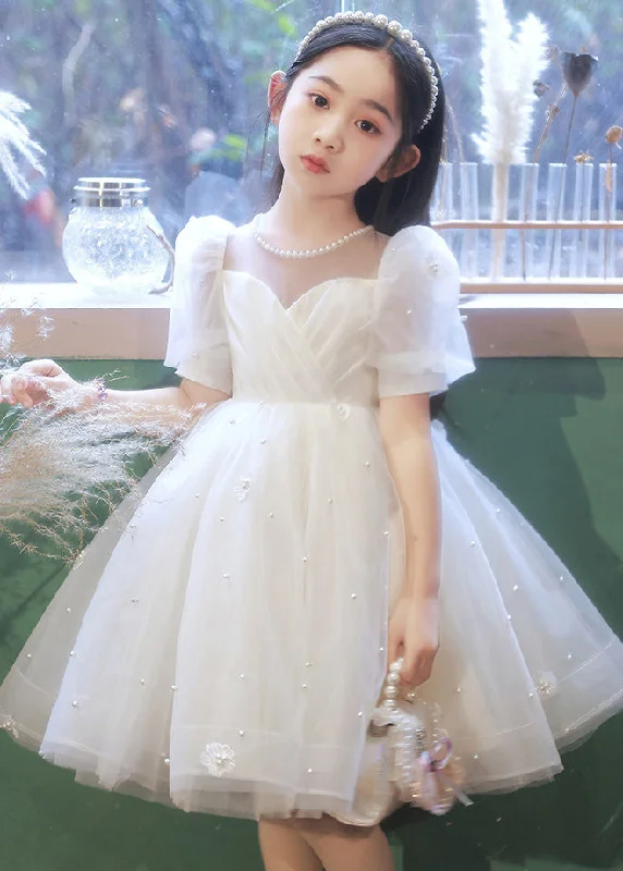 Elegant White Nail Bead Floral Tulle Kids Long Dresses Summer QV013 Tunics Formal black