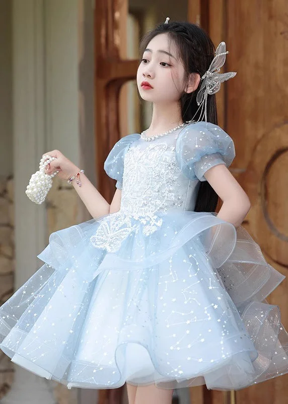 Fine Blue Nail Bead Bow Tulle Girls Maxi Dresses Summer QV008 Bodycon Club Sequined