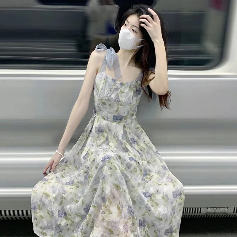 ikearlax Tea Break  Minority Sling Dress Oil Painting Style Fairy Super Mori First Love Waist-Slimming Dress Chic Dress Tunics New arrival