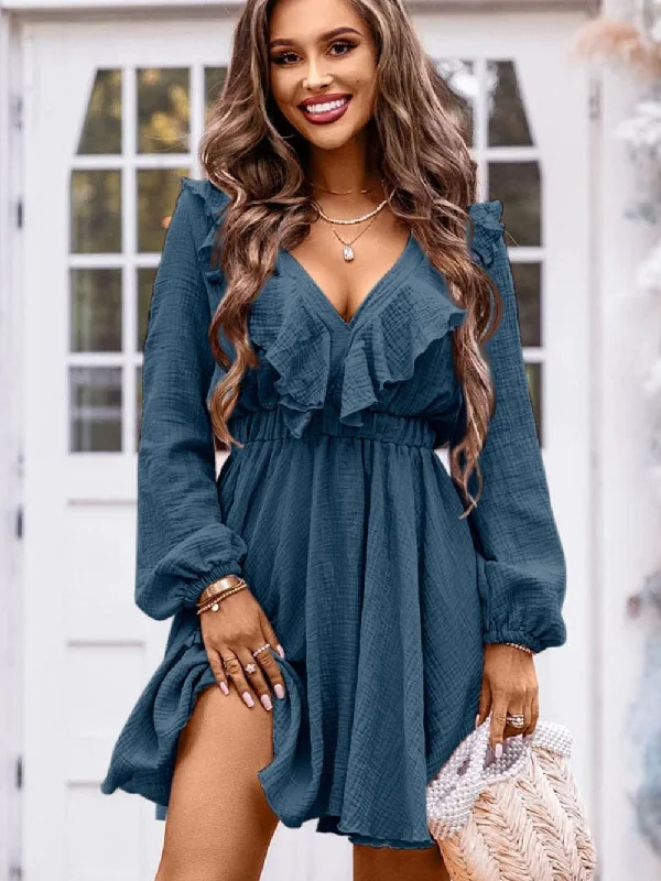 Blue Mini Dress with Ruffles and Long Sleeves Stylish Spaghetti Strap Mini Dress