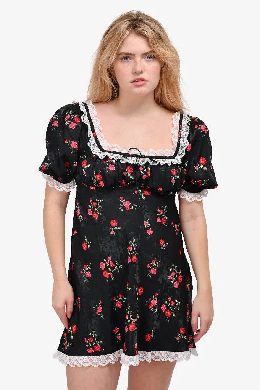 For Love & Lemons Black/Red Lace Trim Mini Dress Size S Trendy A-Line Mini Dress