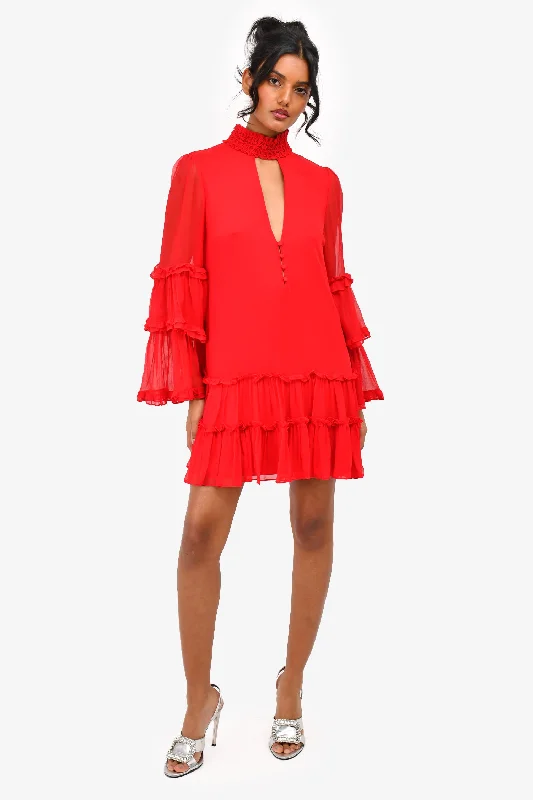 Alexis Red Silk High Neck Tiered Mini Dress Size XS Comfortable Boho Mini Dress