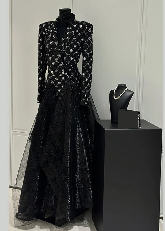 Slim Fit Black Plaid Patchwork Tulle Maxi Dress Fall WZ024 Tunics Chic fashionable