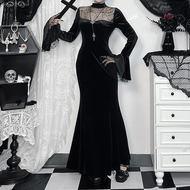 Women's Gothic Spider Mesh Lace Maxi Dress Tunics Travel practical