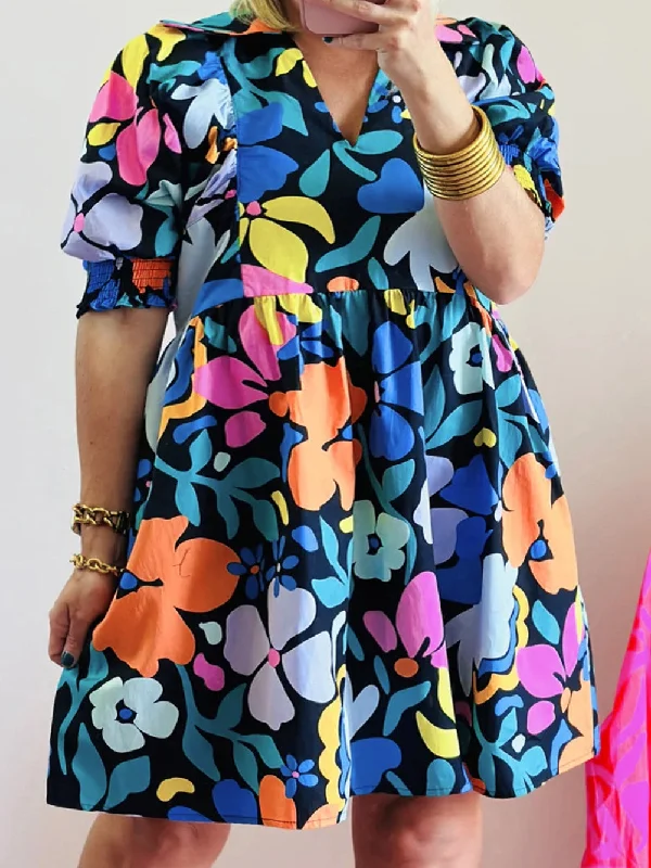 Blue Floral Split Neck Plus Size Collared Mini Dress Comfortable Smocked Mini Dress