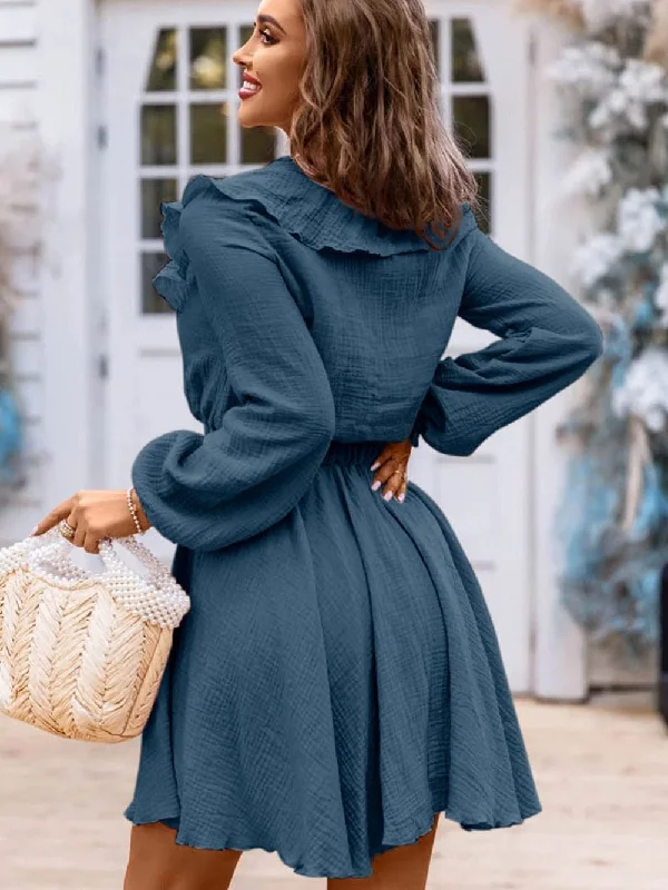 Blue Mini Dress with Long Sleeves and Ruffle Trim Elegant Mini Dress with Pleats