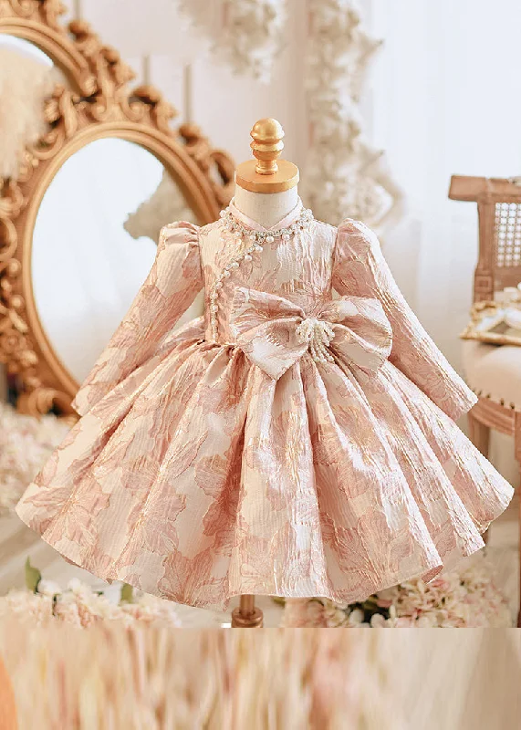 Unique Pink Bow Patchwork Pearl Thick Girls Maxi Dress Puff Sleeve RP038 Maxi Flowy Bohemian