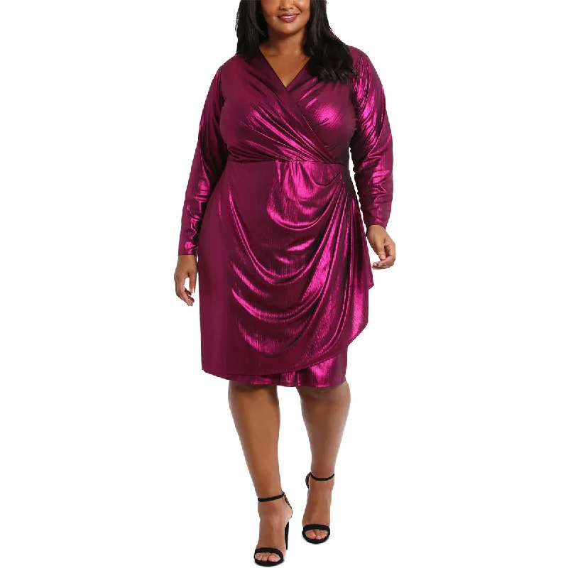 Plus Womens Metallic Ruched Sheath Dress Tunics Satin smooth
