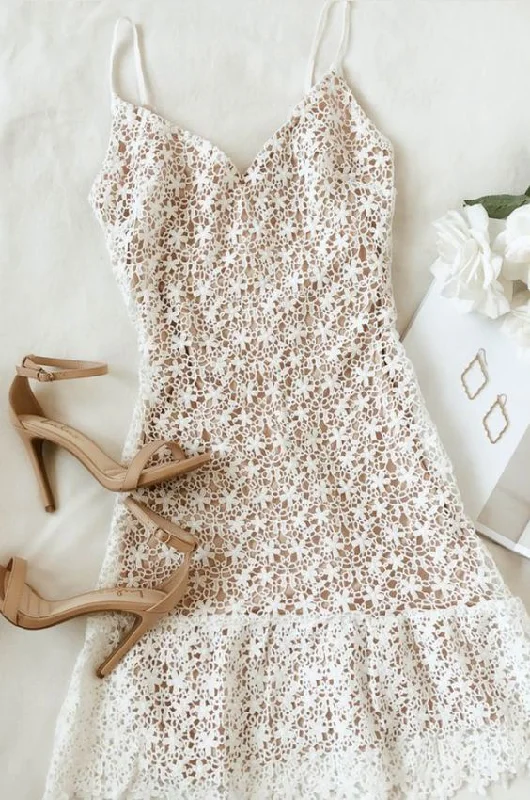 White And Nude Lace Ruffled Mini Dress Homecoming Dress     cg21936 Trendy Tulle Mini Dress