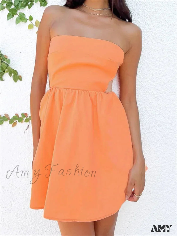 Amy Fashion - Strapless Off Shoulder Tube Sexy Hollow Out Backless Mini Dress Cozy Cowl Neck Mini Dress