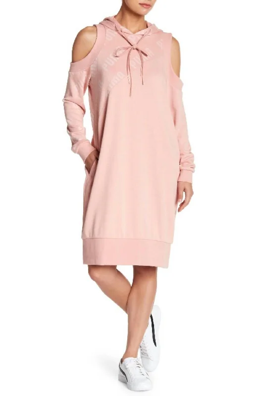 En Pointe Cold Shoulder Sweatshirt Logo Pullover Dress In Pink Hoodie with Strings Custom Fit Adjustable