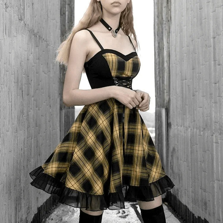 Women's Tight Waisted Lace Yellow Plaid Slip Dresses Shift Classic Vintage