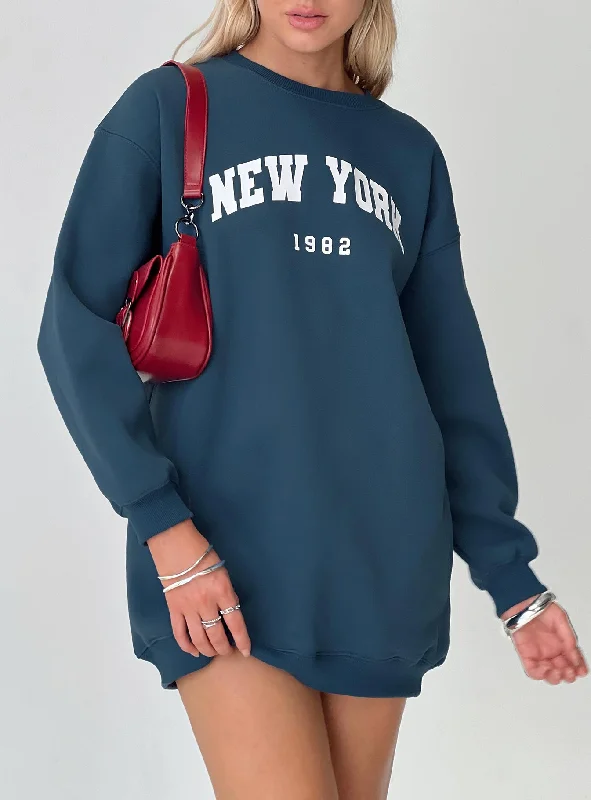 New York Minute Mini Sweatshirt Dress Navy Hoodie with Hem Drawcord Adjustable Customizable