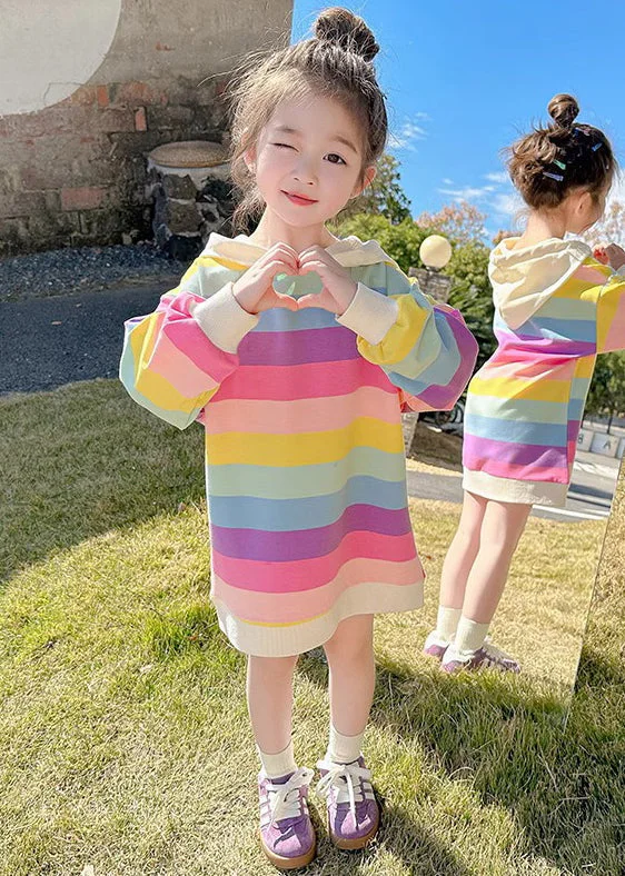 New Rainbow Hooded Lace Up Cotton Girls Sweatshirt Dress Fall XZ074 Hoodie with Hem Detail Decorative Unique