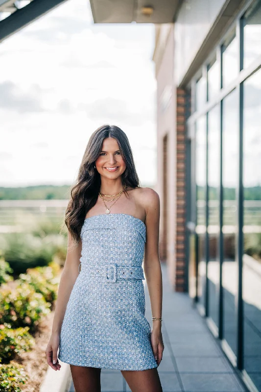 Got A Moment Mini Dress - Blue Tweed Fashionable Mini Dress with Slits