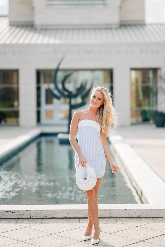 Sail Away Mini Dress - White/Blue Comfortable Shift Mini Dress