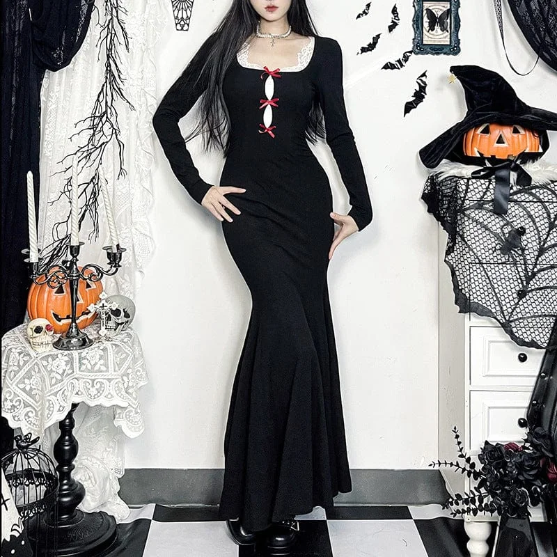 Women's Gothic Lace Splice Cutout Fishtail Dress Square Neckline Feminine