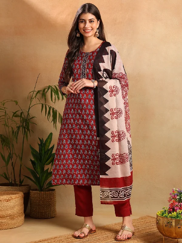 Women's Maroon Rayon Blend Ethnic Motifs Printed Straight Kurta Trouser With Dupatta - Ahika Trousers Occasion Special
