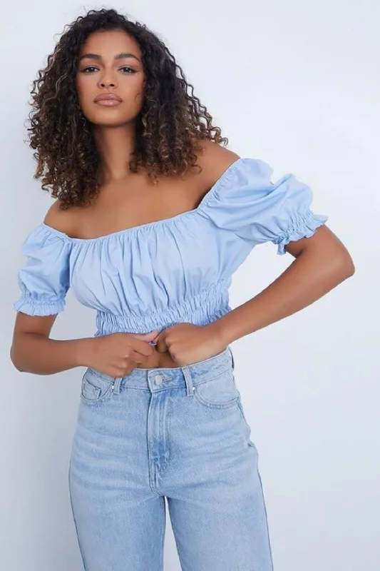 Off Shoulder Blue Crop Top Beaded Sequined Faux Fur