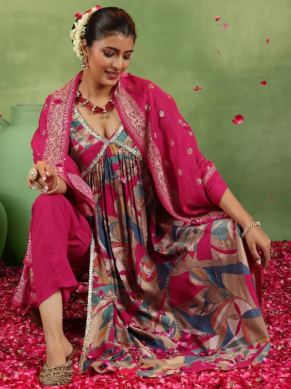 Pink Printed Silk Blend A-Line Kurta With Trousers & Dupatta Trousers Palazzo Wide Leg