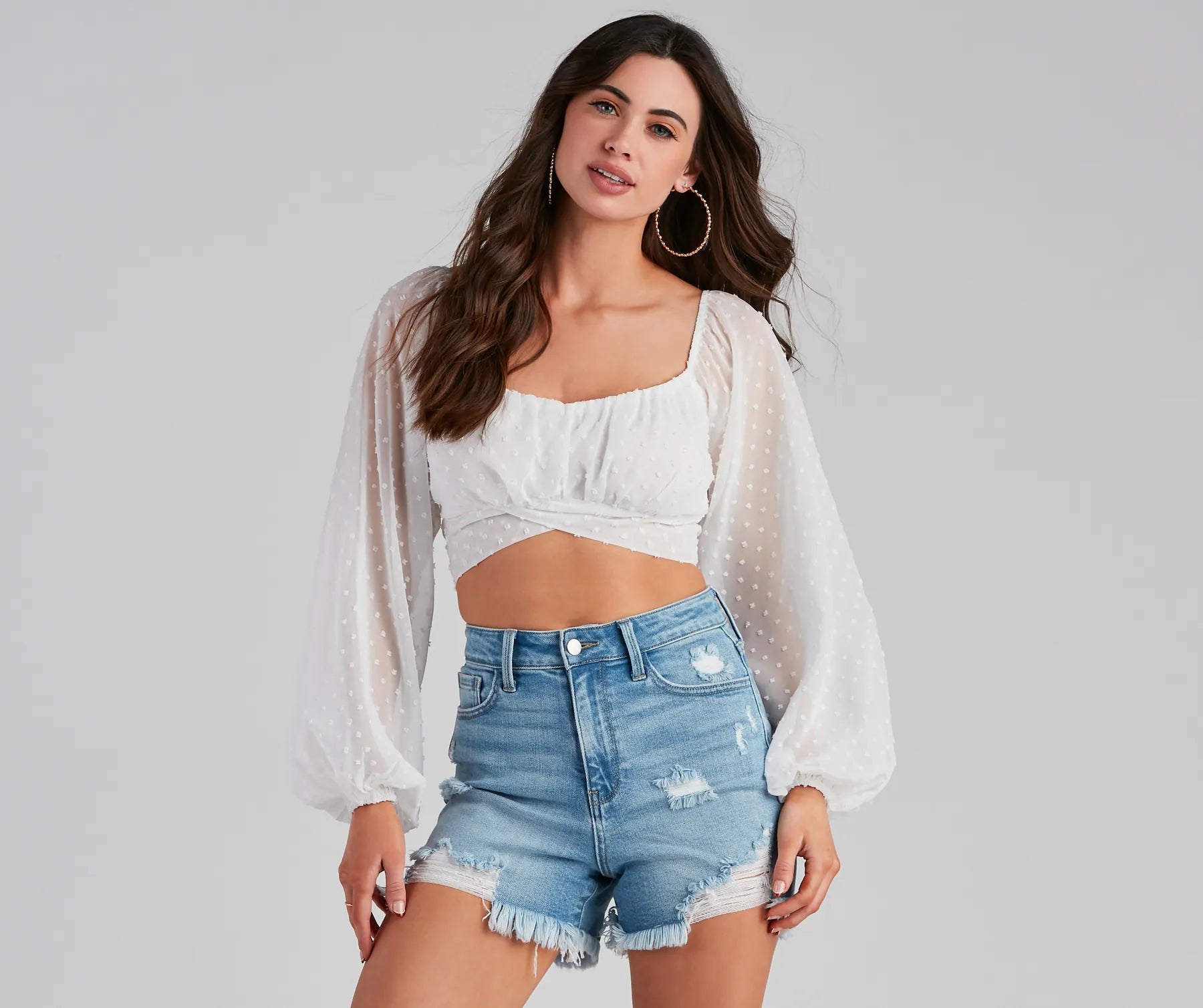 Breezy And Chic Sheer Crop Top Houndstooth Herringbone Solid