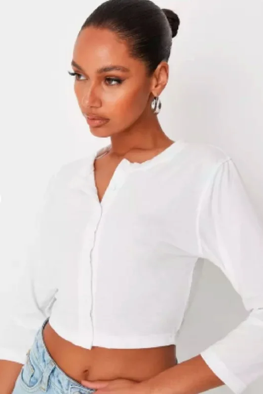 Button Front Long Sleeve Crop Top Zippered Front Buttoned Front Snap Front