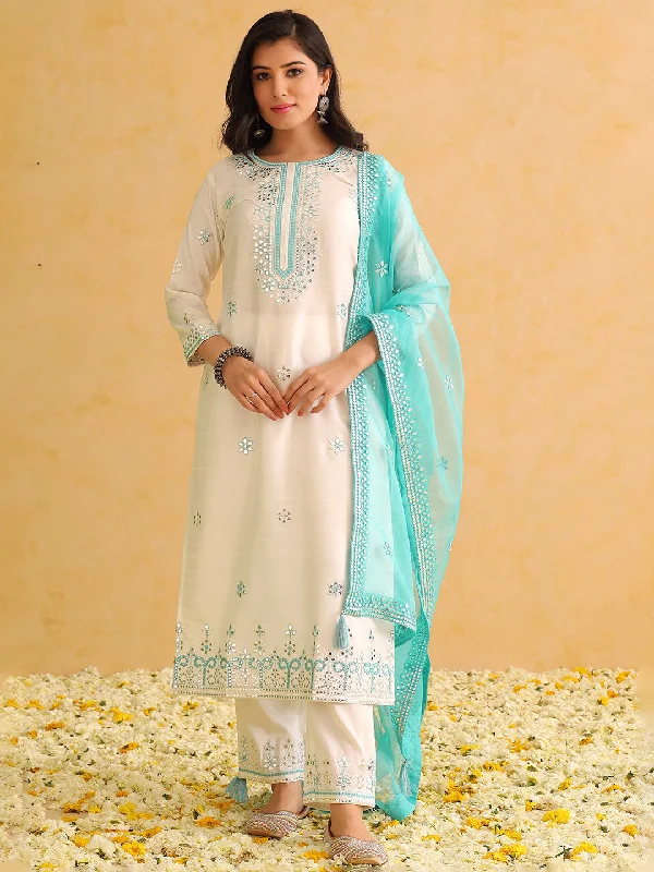 Women's White Silk Blend Solid Embroidered Straight Kurta Trouser With Dupatta - Ahika Trousers Polka Dot Cute Women's White Silk Blend Solid Embroidered Straight Kurta Trouser With Dupatta - Ahika Trousers Polka Dot Cute