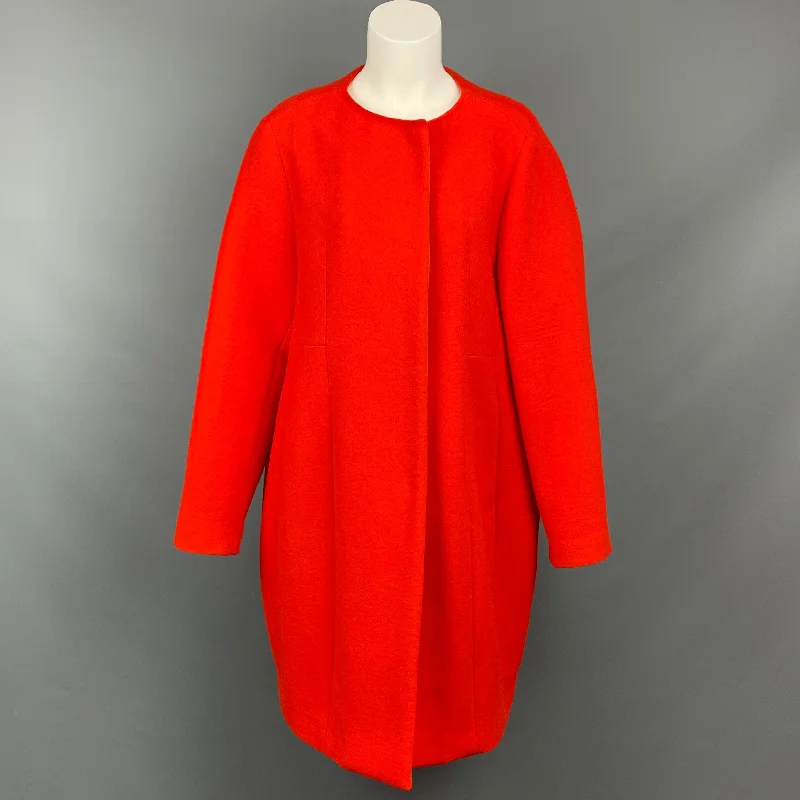 NARCISO RODRIGUEZ Size 4 Red Wool Blend Collarless Coat Herringbone Houndstooth Plaid
