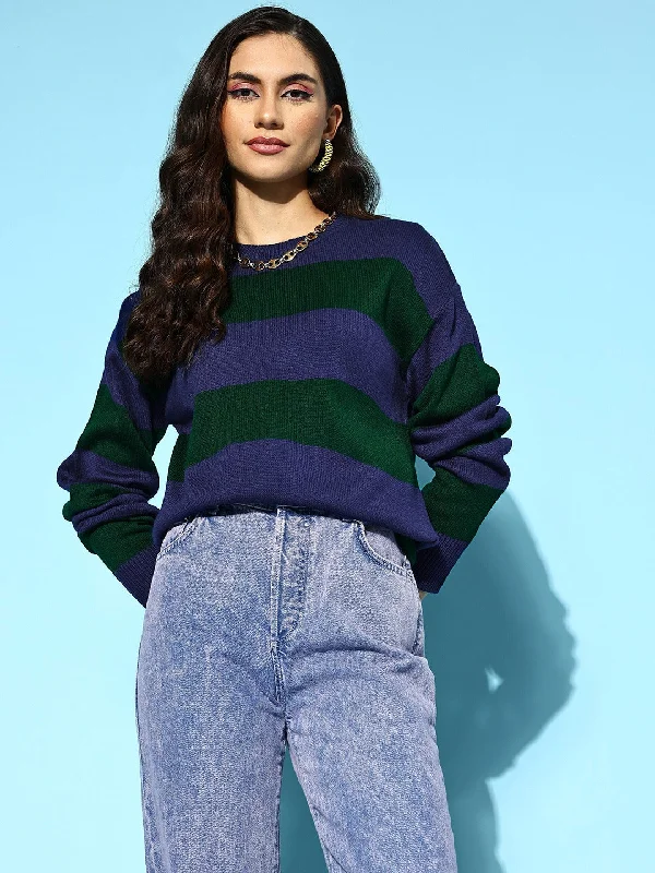 Berrylush Women Blue & Green Striped Pattern Round Neck Polyester Ribbed Hem Regular Pullover Turtleneck Warm Pullover