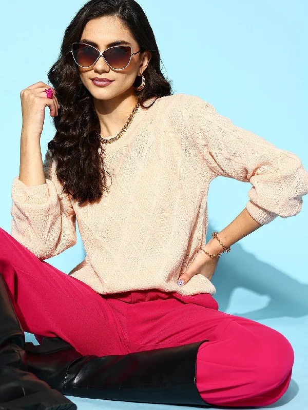 Berrylush Women Beige Geometric Pattern Round Neck Ribbed Hem Regular Pullover Surplice Neck Pullover