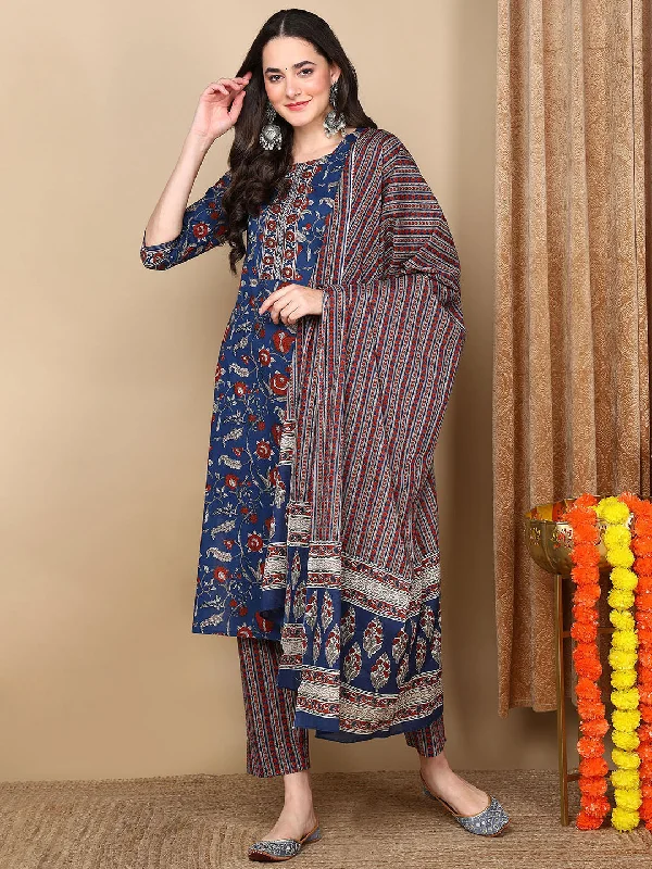 Women's Blue Rayon Blend Floral Printed Straight Kurta Trousers With Dupatta - Ahika Trousers Cargo pockets Women's Blue Rayon Blend Floral Printed Straight Kurta Trousers With Dupatta - Ahika Trousers Cargo pockets