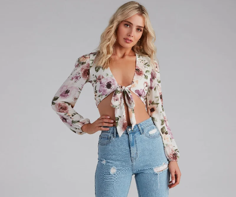 Tie The Knot Floral Crop Top Zippered Front Buttoned Front Snap Front
