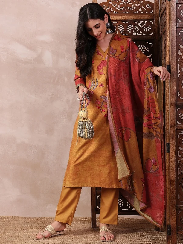 Women's Mustard Silk Blend Floral Printed Straight Kurta Trouser With Dupatta - Ahika Trousers High Rise Slim Fit Women's Mustard Silk Blend Floral Printed Straight Kurta Trouser With Dupatta - Ahika Trousers High Rise Slim Fit