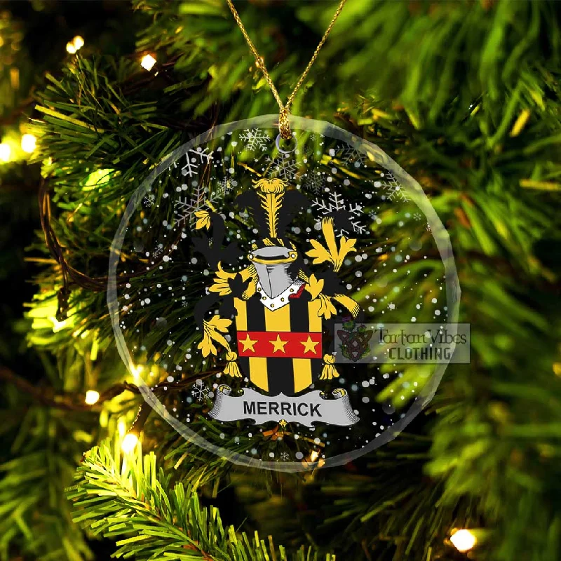 Merrick Irish Clan Christmas Glass Ornament with Coat of Arms Tie-Waist Belted Drawstring