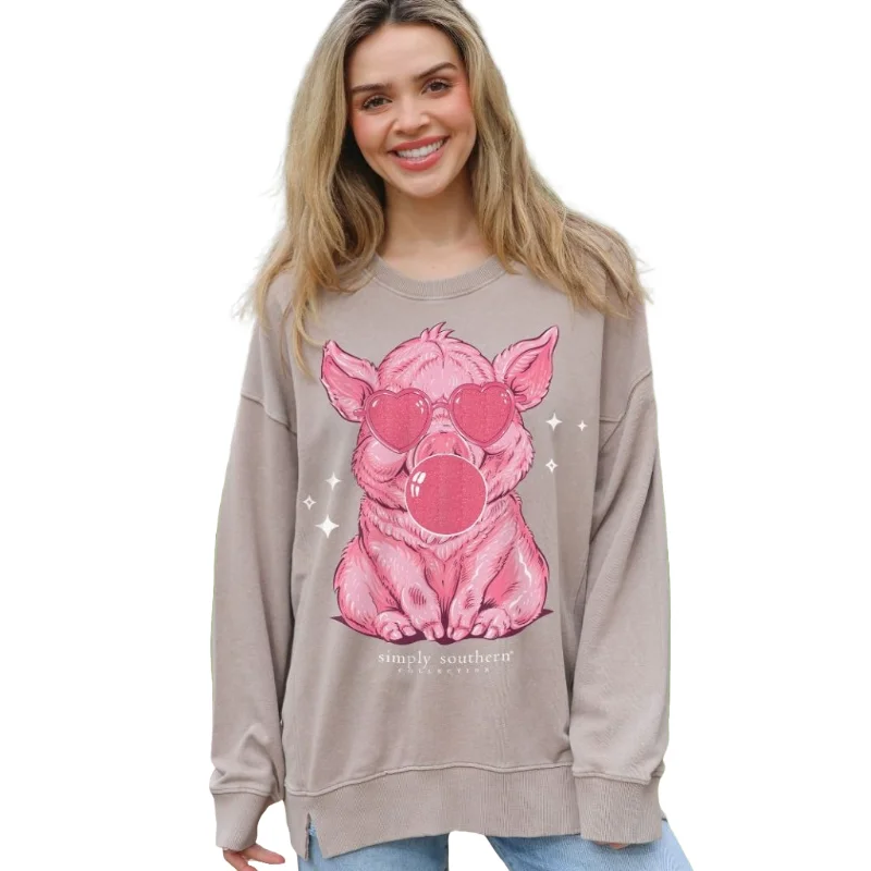 Simply Southern Ladies Bubblegum Blowing Pig Graphic Sepia Pullover SWT-PIG-SEPIA Faux Fur Trim Simply Southern Ladies Bubblegum Blowing Pig Graphic Sepia Pullover SWT-PIG-SEPIA Faux Fur Trim
