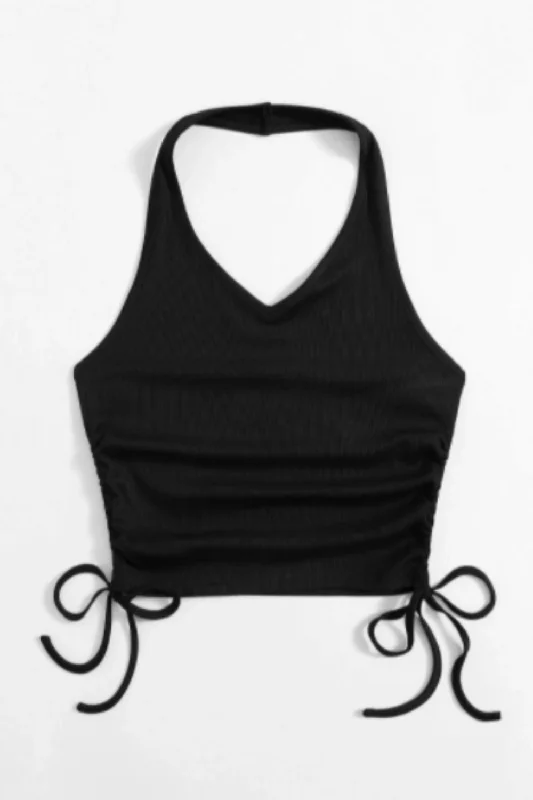 Solid Drawstring Side Ribbed Halter Crop Top Polka Dot Checkered Tartan
