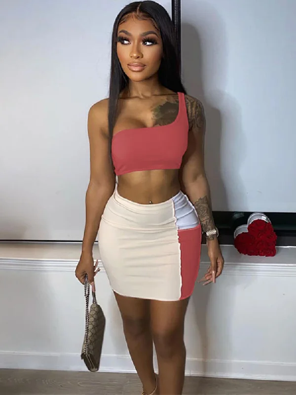 Two Piece One Shoulder Crop Top & Mini Skirt Seamless Knitted Crochet