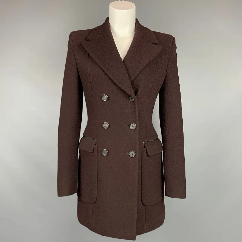 PRADA Size 2 Brown Virgin Wool Blend Double Breasted Coat Chenille Brocade Lace
