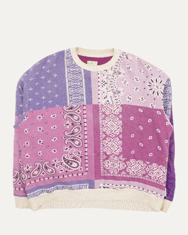 Bandana Print Crewneck Sweatshirt Hoodie with Exposed Zipper Edgy Industrial