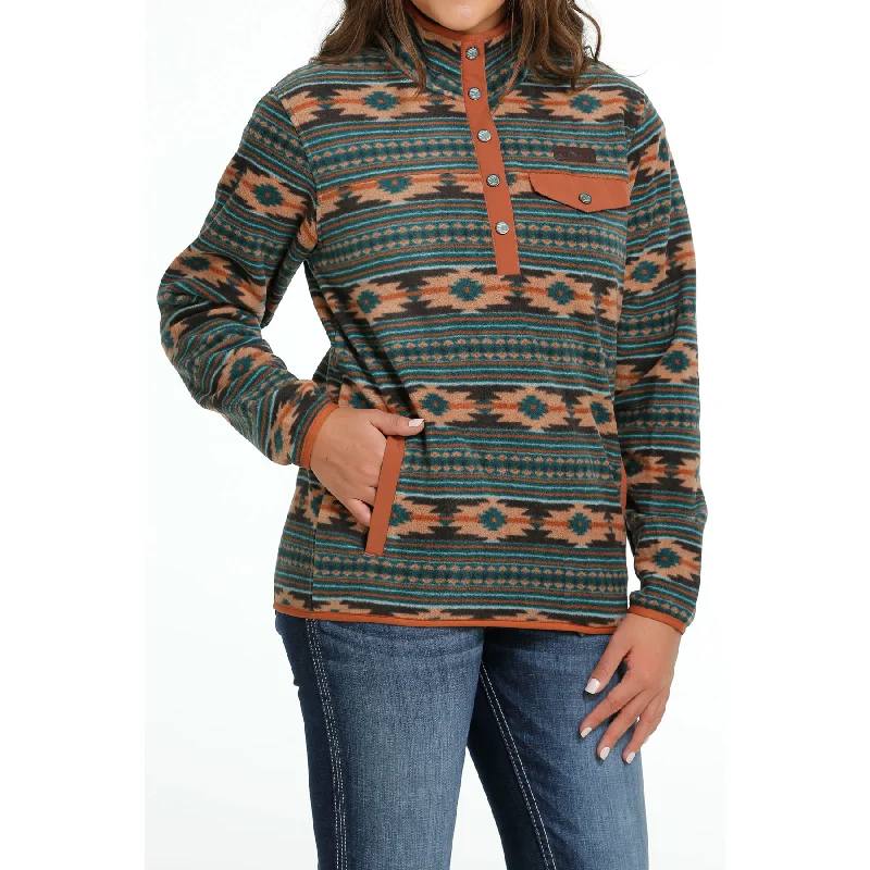 Cinch Ladies Green Aztec Print Polar Fleece Pullover MAK9819006 Lapel Neck Sweater