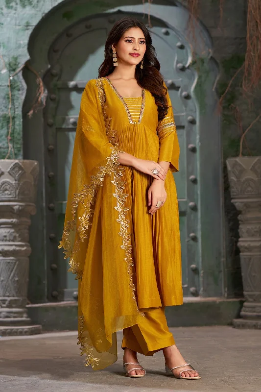 Women's Mustard Art Silk Alia Cut Anarkali Kurta Set With Trouser And Dupatta - Curvy Lane High Waist Slim Fit Ankle Length Women's Mustard Art Silk Alia Cut Anarkali Kurta Set With Trouser And Dupatta - Curvy Lane High Waist Slim Fit Ankle Length