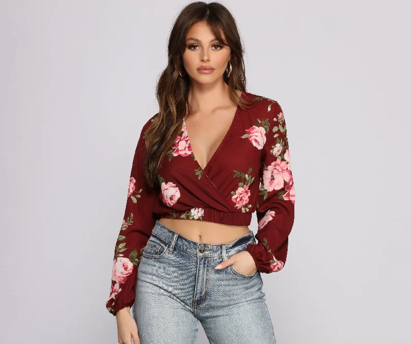 Sweet Intentions Floral Crop Top Satin Blend Silk Blend Wool Blend