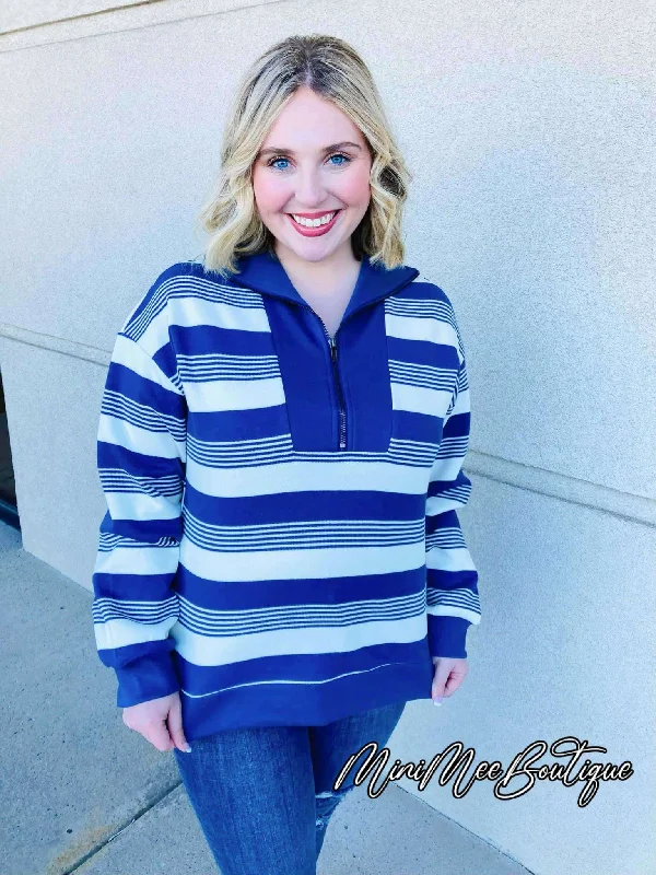 Blue Striped Half-zip Pullover Jewel Neck Pullover