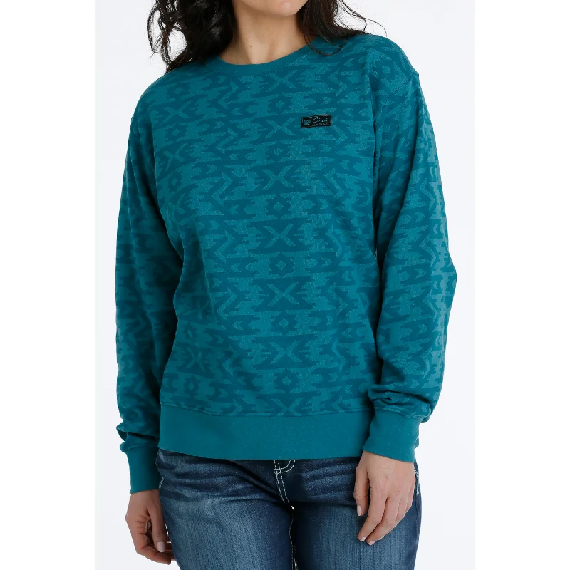 Cinch Ladies Teal Aztec Print Pullover MAK7905001 Bishop Sleeve Elegant