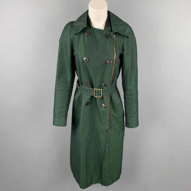DRIES VAN NOTEN Size 8 Dark Green Cotton Double Breasted Belted Coat Tweed Herringbone Houndstooth
